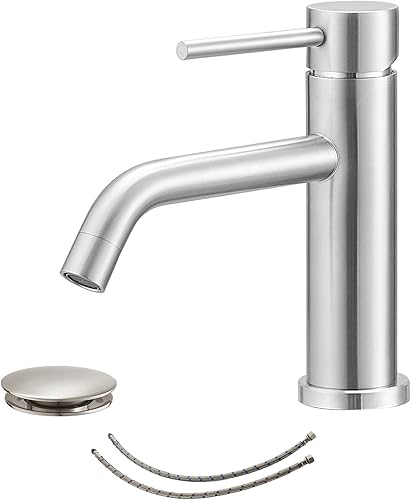 Homevacious Grifo de baño de un solo orificio de níquel cepillado con montaje de drenaje desplegable y manguera de suministro de una sola manija de