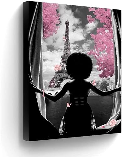 African American Wall Art Black Girl Pink Flowers Canvas Prints Modern Black And White Wall Art Fashion Paris Decoration Pictures Painting Framed Artwork Home Decor For Bedroom Bathroom 16X24Inch #TOP18