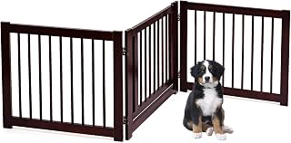 GYMAX Barrera de Seguridad para Perros, Plegable, Rejilla de Seguridad para Puerta y Escalera, de Madera de Pino, con Puerta, Color Marrón (3 Paneles)