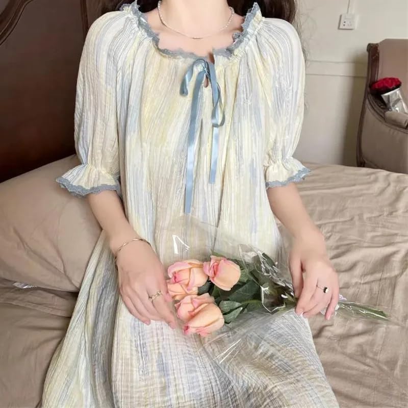 OFFSUM Camisón De Pijama De Mujer - Camisón De Estilo Palaciego De Princesa De Verano Ropa De Lencería Suave Y Transpirable con Encaje Dulce Informal Temperamento Cuello Redondo