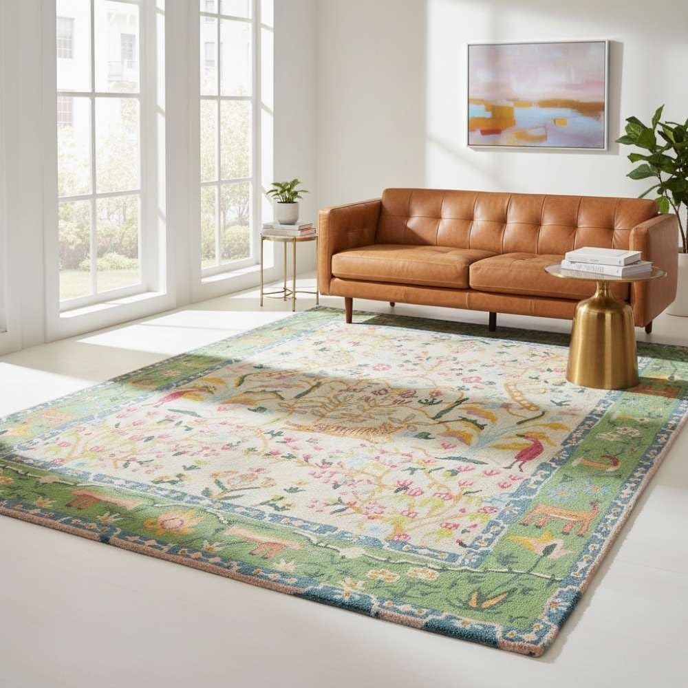 Hand-Tufted New Zealand Wool Area Rug – Floral Garden Pattern, Cotton Backing, Durable Carpet for Living Room, Bedroom, Dining, Kitchen-5x8 ft