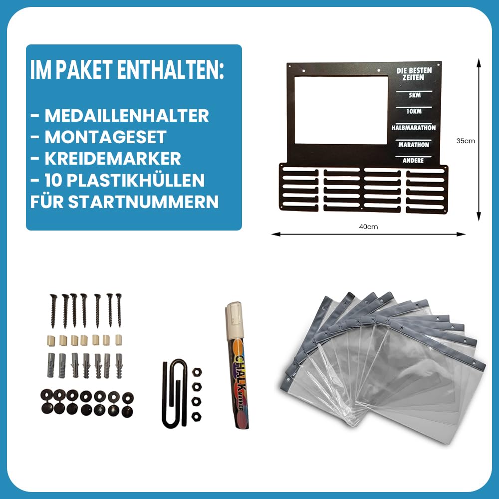 Medaillenhalter Laufen mit Startnummernhüllen – DIE BESTEN Zeiten – Halter für Laufmedaillen & persönliche Bestzeiten (5 km, 10 km, Halbmarathon, Marathon) – Geschenk für Läufer