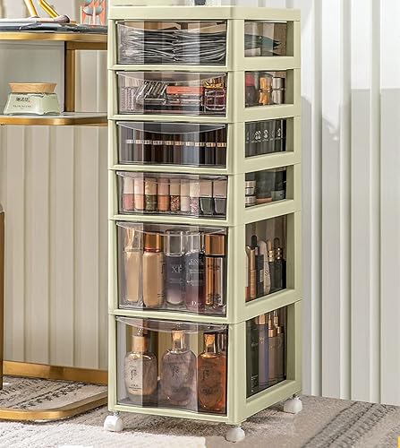 Miniatura 1 de Torre de almacenamiento de carrito de 6 cajones, marco verde, cajones transparentes champán, 31.9 x 10.5 x 13.5 pulgadas (verde)