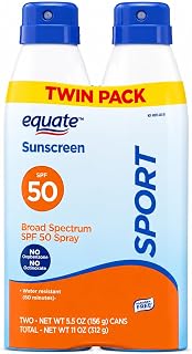 Equate Sport Broad Spectrum Sunscreen Spray, SPF 50, Water Resistant 80 Minutes, Oxybenzone Free, Paraben Free, 5.5 oz, Twin Pack