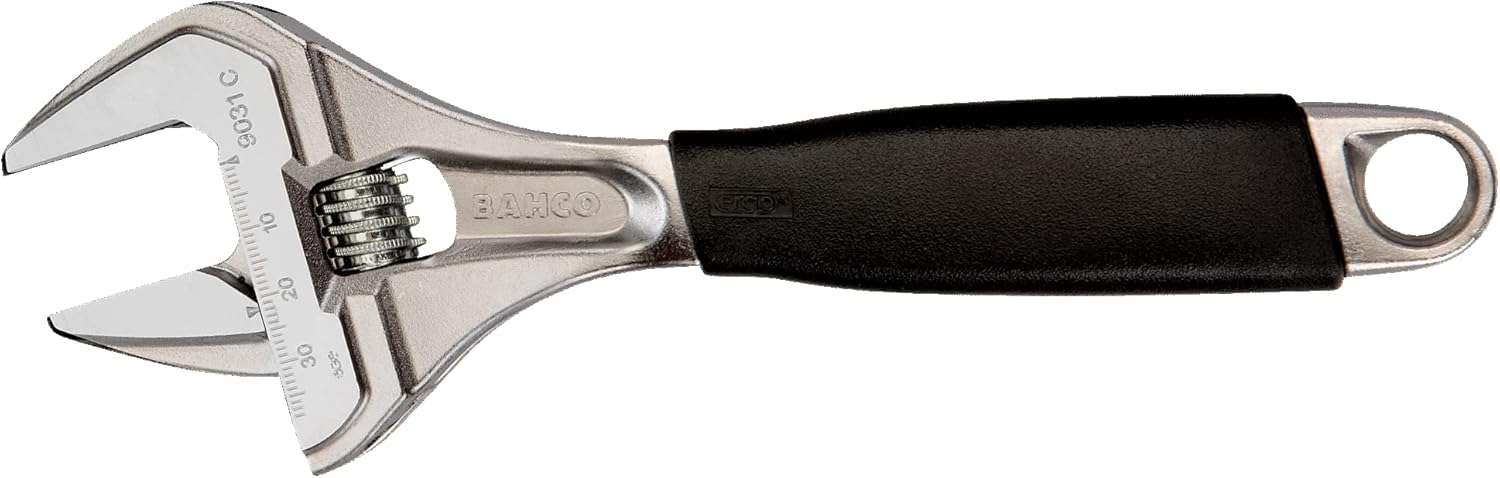 Bahco 8" SAE Big Mouth Adjustable Wrench with Handle, Wide Jaw, Slim Head, and True Ergo Grip for Tight Spaces, Ideal for Maintenance, Plumbing, and Electrical Repair Tasks
