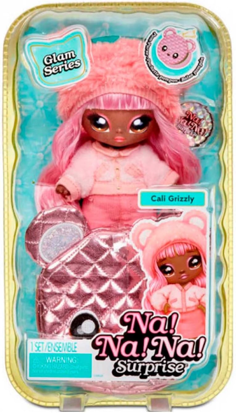 Na Na Na Surprise Glam Series Cali Grizzly Fashion Doll and Metallic Bear Purse, Pink Hair, Cute Fuzzy Hat Outfit & Accessories, 2-in-1 Kids Gift, Toy for Girls and Boys Ages 5 6 7 8+ Years