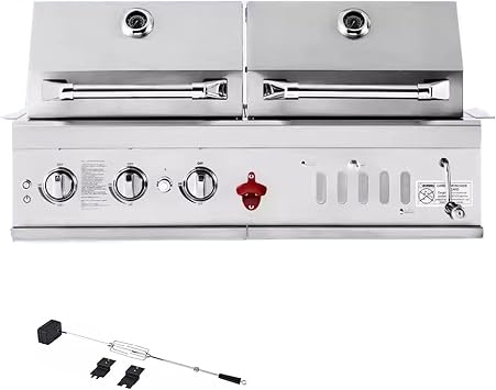 Built In Gas Grill and Charcoal Grill Combo, Dual Fuel BBQ Grill 304 Stainless Steel, 32,000 BTU with 680sq.in for Outdoor kitche & Backyard Barbecue