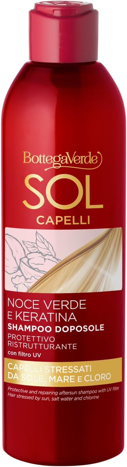 Bottega Verde - Shampoo Doposole SOL Capelli, 250 ml, con Olio di Noce Verde e Keratina, Protezione e Riparazione per Capelli Stressati da Sole, Mare e Cloro, con Filtro UV, Fragranza Fiorita Estiva