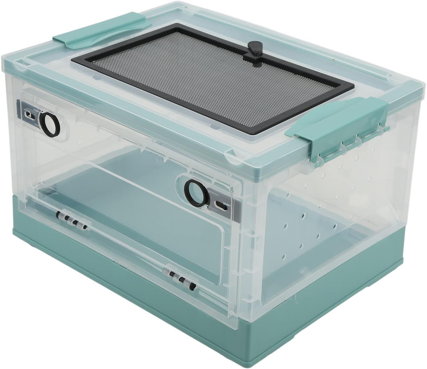 Foldable Reptile Feeding Tank, Ventilated Plastic Terrarium for Lizard Tortoise Frogs with Front Door and Mesh Top, Portable Habitat with Detachable Wheels for Small