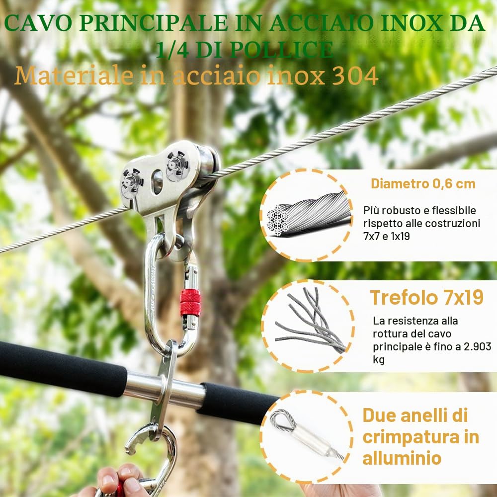 Linee zip per bambini e adulti all'aperto, kit zip line da 24,4 m per cortile fino a 226,8 kg, freno Ziplines incluso e puleggia con manico, attrezzature per parchi giochi all'aperto