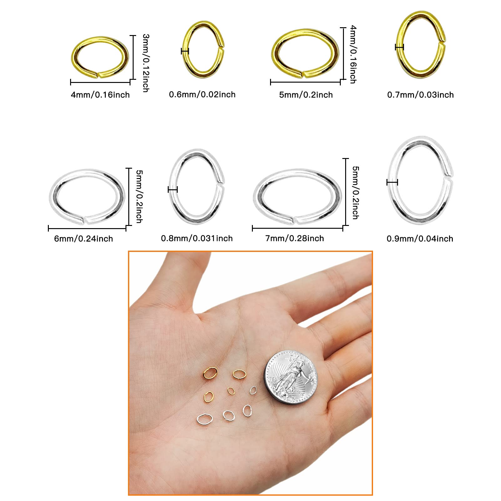 2400 Stück ovale Binderinge, Schmuck-Binderinge, Edelstahl, offener Ring, Durchmesser 4 mm, 5 mm, 6 mm, 7 mm, für Schmuckherstellung, Ohrringe, Armbänder, Halsketten, DIY Handwerk (Gold und Silber)