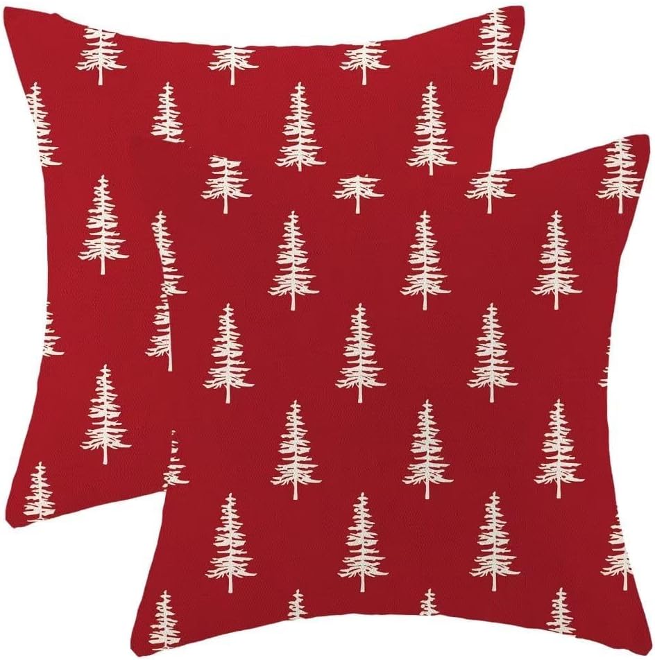 BETGINY Christmas Pillow Covers 22 x 22 Inch Pack of 2, Red and White Christmas Tree Geometric Decorative Throw Pillow Linen Winter Xmas Pillow Cases Cushion for Bedroom Home Sofa