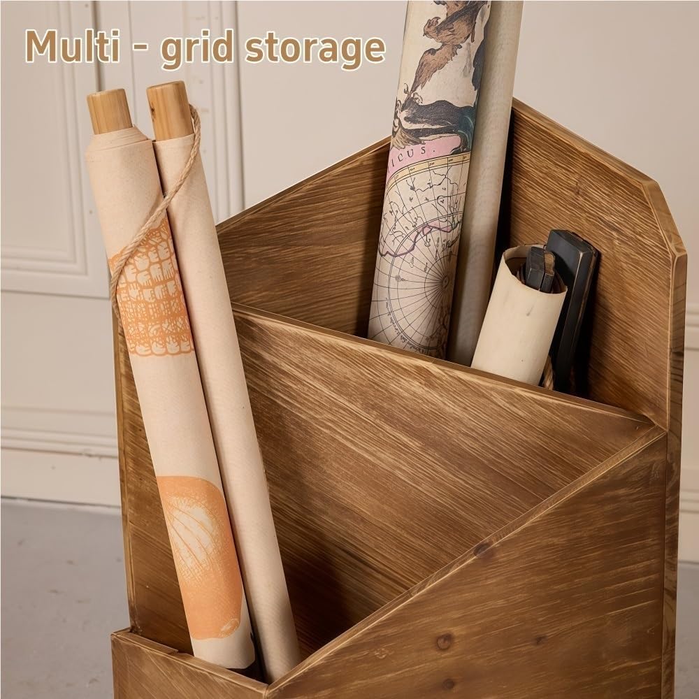 Wooden Triangle Corner Umbrella Stand Retro Log Style Indoor Entryway Umbrella Holder Dual-Layer Storage Organizer Multi Scenario Use