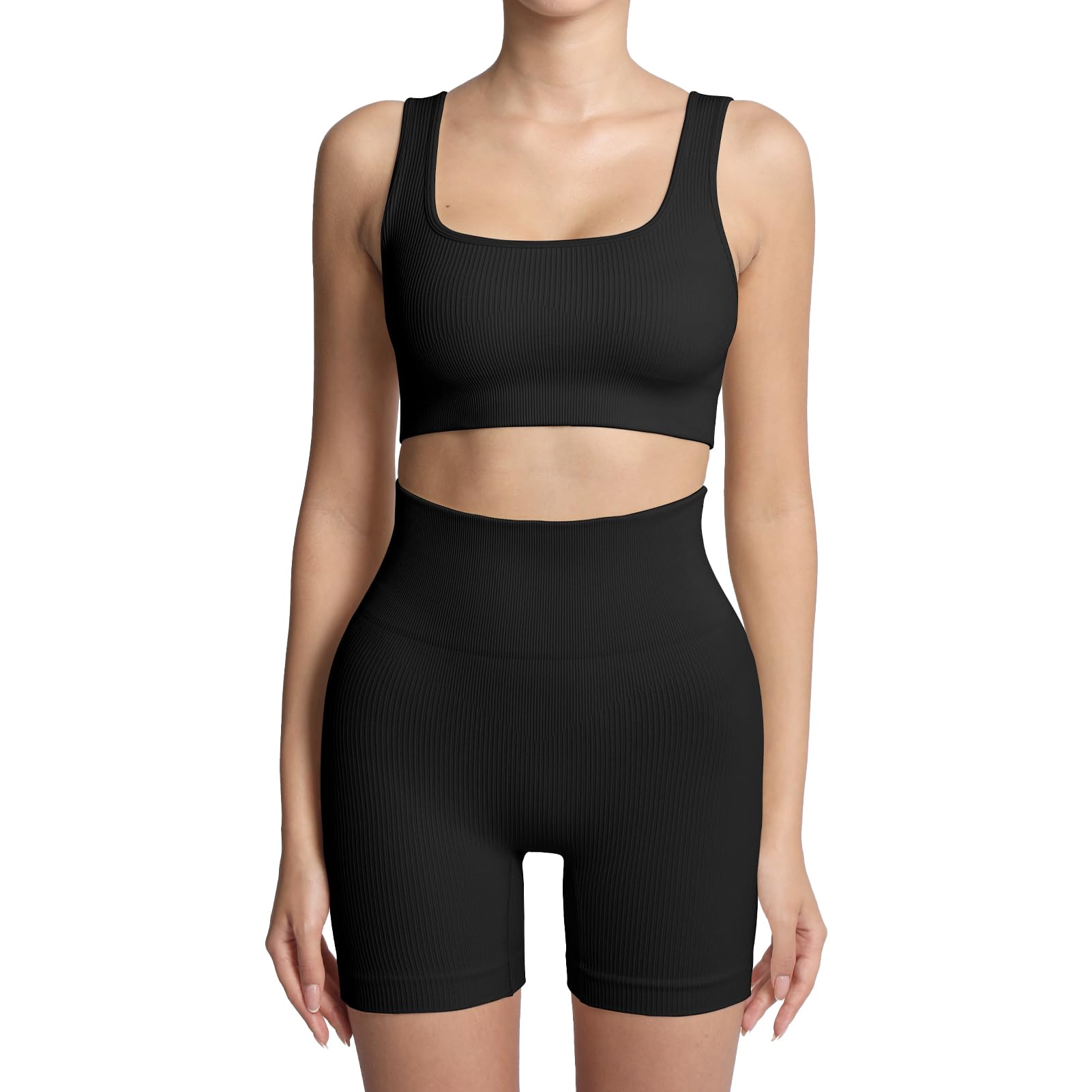 Ensemble Sport 2 Pièces Femme – Soutien-gorge & Short Taille Haute, Tissu Côtelé Respirant (92% Nylon, 8% Élasthanne)
