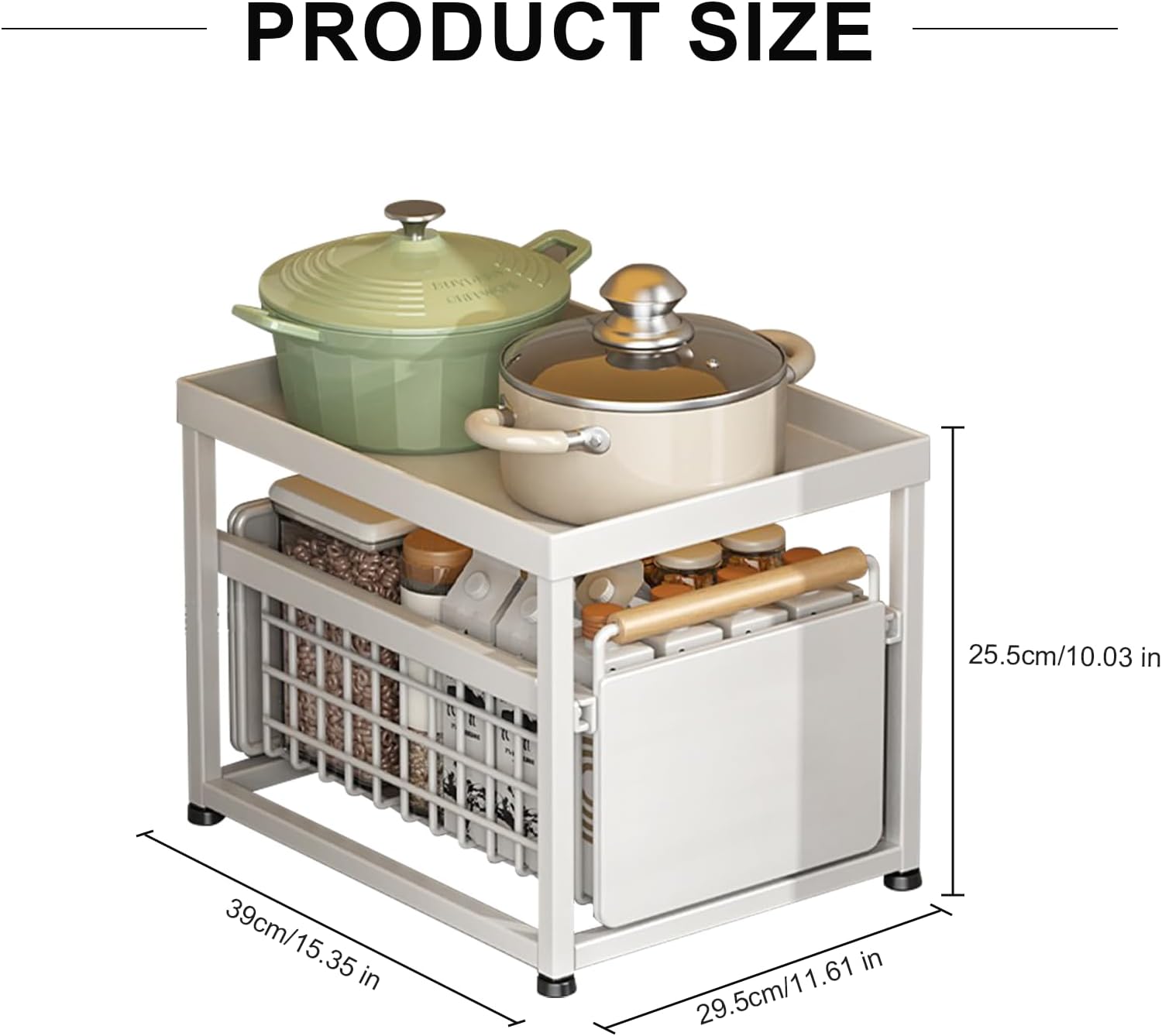 2 Tier Pull-out Storage Organizer, Slide Out Kitchen Cabinet Storage Sliding Shelves, Under Sink Organizers Drawer, Mesh Cabinet Basket with Handle for Bathroom, Home(White, Single Layer L)