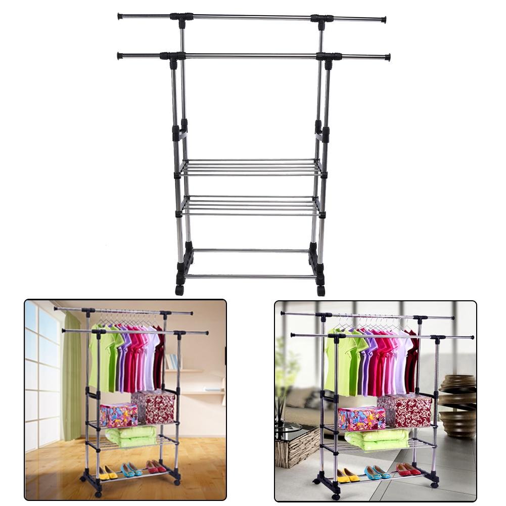 Domybest Double Garment Rack Clothes Adjustable Portable Hanging Rail
