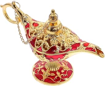 Mini Vintage Aladdin Magic Genie Lamp,Metal Wishing Light,Arabian Costume Props Lamp Tabletop Decor Crafts for Home/Wedding Decoration&Gift for Party/Halloween/Birthday Golden Red