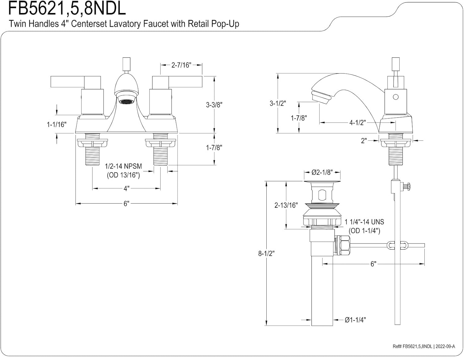 Kingston Brass FB5621NDL 4 in. Centerset Bathroom Faucet, Polished Chrome