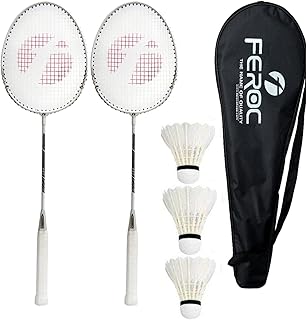 Feroc 440 Aluminum Set of 2 Badminton Racket with 3 Pieces Feather shuttles with Full Cover Fulfilled by Amazon., White