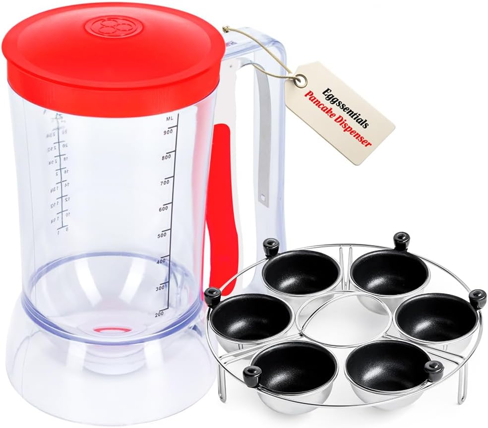 Eggssentials Pancake Batter Dispenser - Batter Dispenser with Squeeze Handle for Cupcakes - Eggs Poaching Cup PFOA Free Egg Poachers Nonstick, 9 inches Rack, 6 Poached Cups