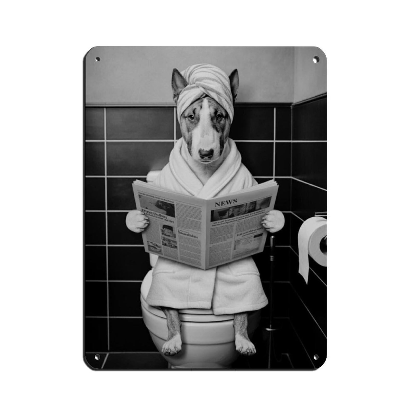 Bull Terrier Dog on Toilet Bathroom Art Tin Sign Vintage Metal Pub Club Cafe Bar Home Wall Art Decoration Poster Retro 12x16inch(30x40cm)