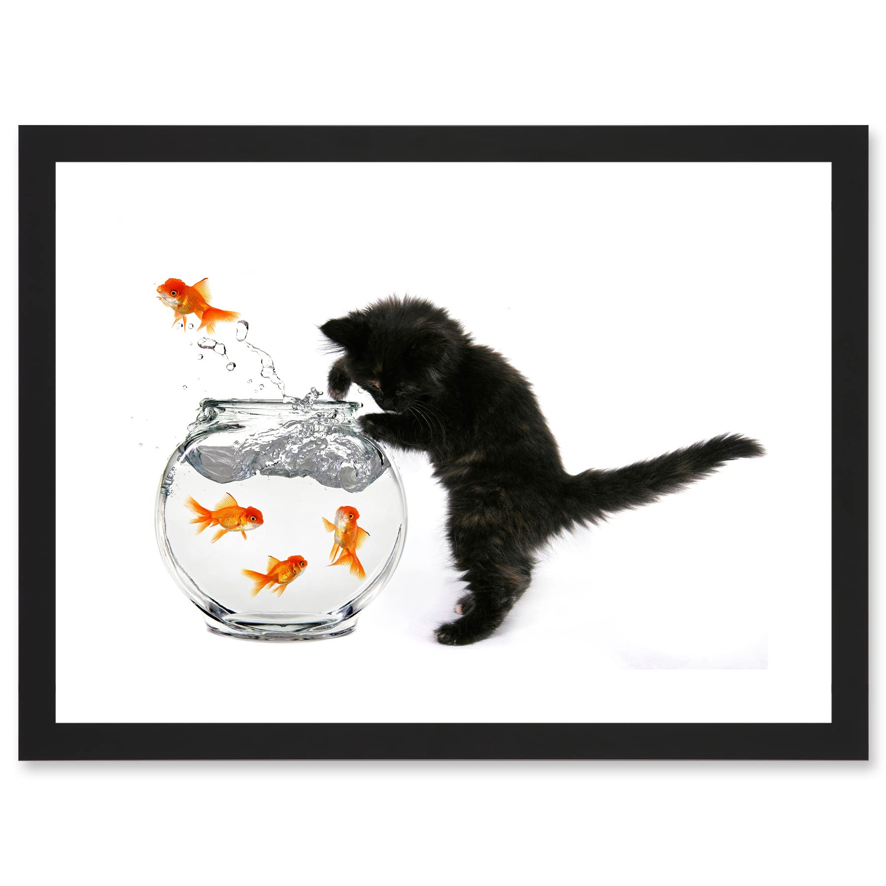 Artery8 Black Kitten Cat Goldfish Bowl A4 Artwork Framed Wall Art Print