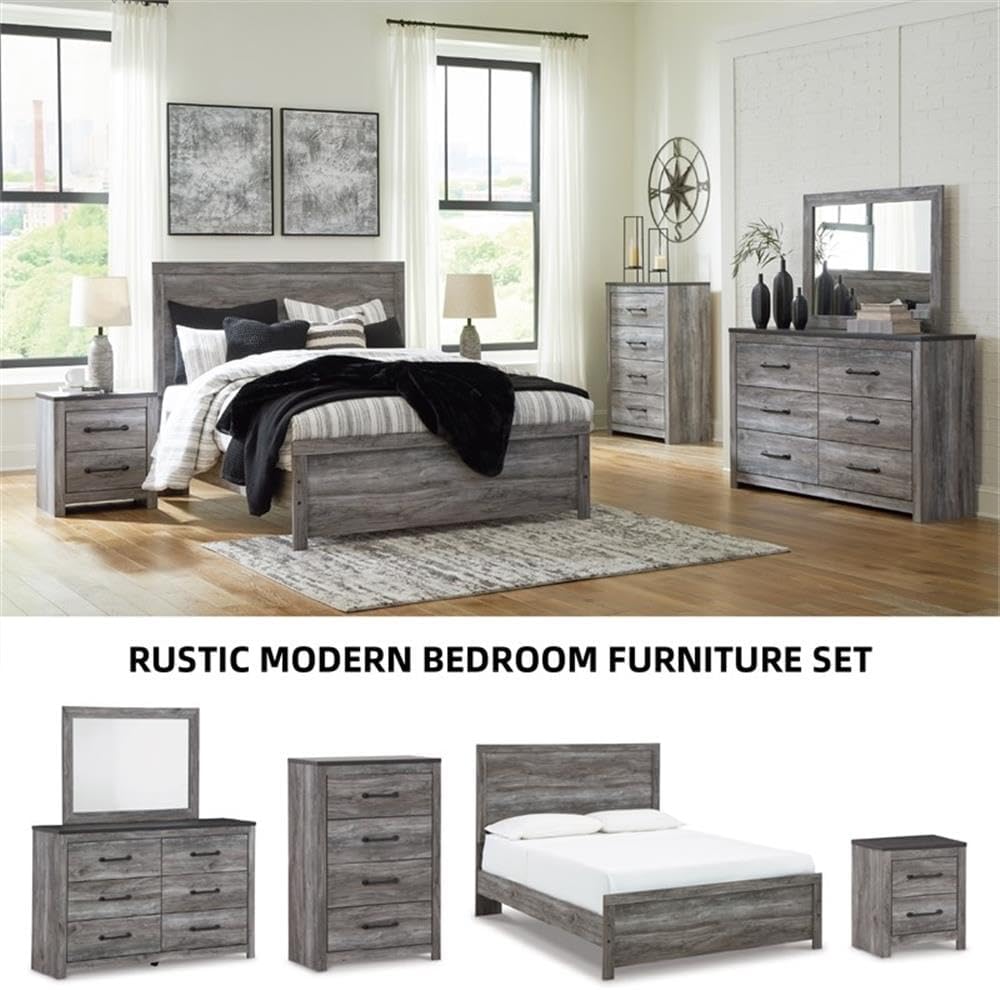 Pemberly Row Wooden 6-Drawer Dresser, Modern/Contemporary Style, Engineered Wood and Laminate, Gray Finish, Horizontal Design with Charcoal Accents, Smooth-Gliding Drawers, Bedroom Storage