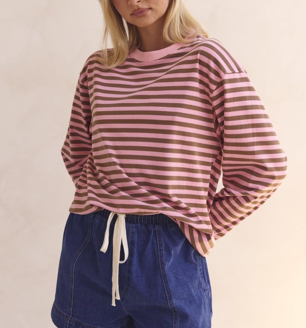 NUFIWI Striped Long Sleeve Shirts for Women Y2k Drop Shoulder Crew Neck Sweatshirts Fall Oversized Cropped T Shirts - Image 3