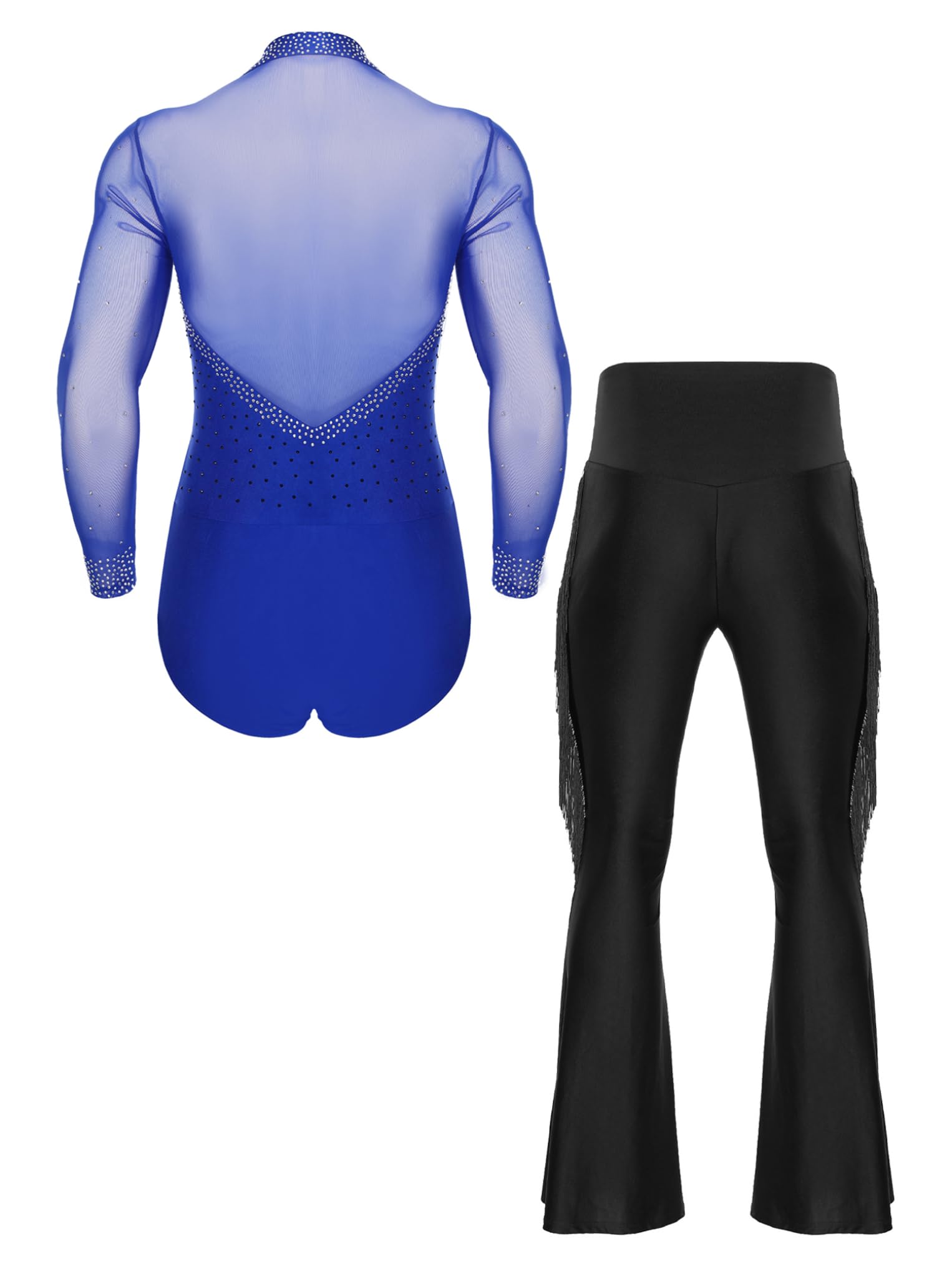 Oyolan Ensemble de Patinage Artistique Homme Justaucorps Patinage sur Glace Strass Manches Longues Pantalon Frangé Costume