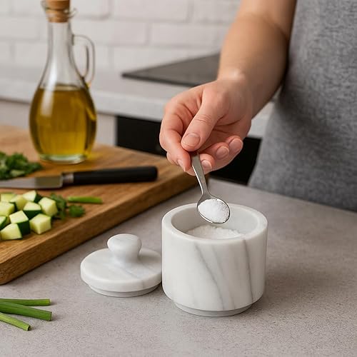 Miniatura 3 de Creative Home Sal de mármol natural para bodega, 3 pulgadas de diámetro x 3.3 pulgadas de alto, recipiente de sal y especias tallado a mano para