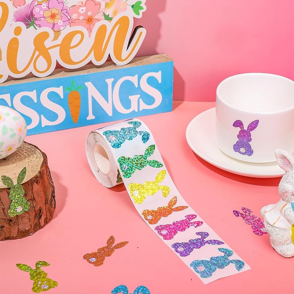 500 Pcs Easter Bunny Stickers 1.5 Inch Laser Glitter Erasers Sticker Roll 6 Colors Happy Easter Self-Adhesive Sticker for Scrapbook Journal Envelopes Gift Decorations Supplies