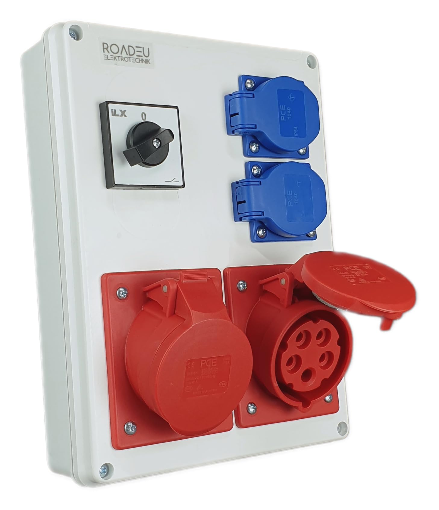RoadEu - Caja de Distribución Eléctrica 16A con interruptor principal 0-1. 2 enchufes CEE 16A con Schuko de 230V. Cuadro electrico superficie IP44. Tomas múltiples industriales para obras