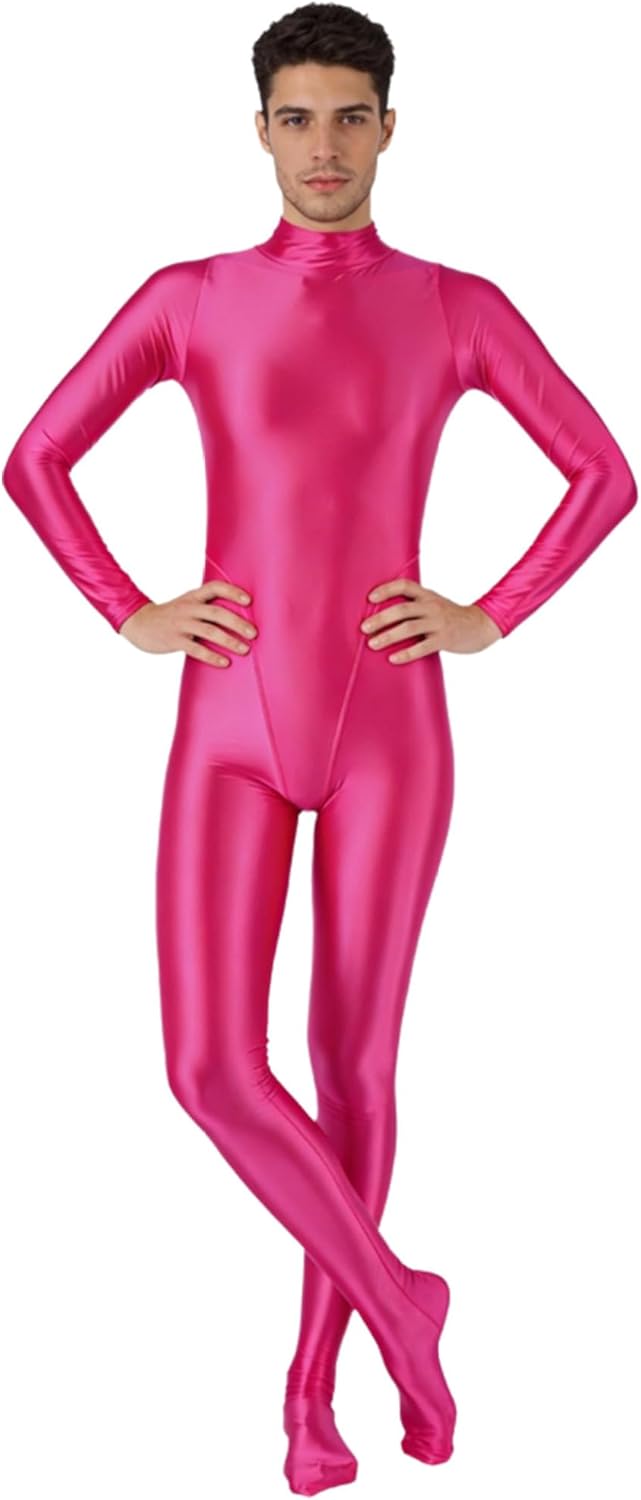 Sholeno Men's Footed Full Body Bodysuit Glossy Mock Neck Long Sleeve Rash Guard for Surfing Workout