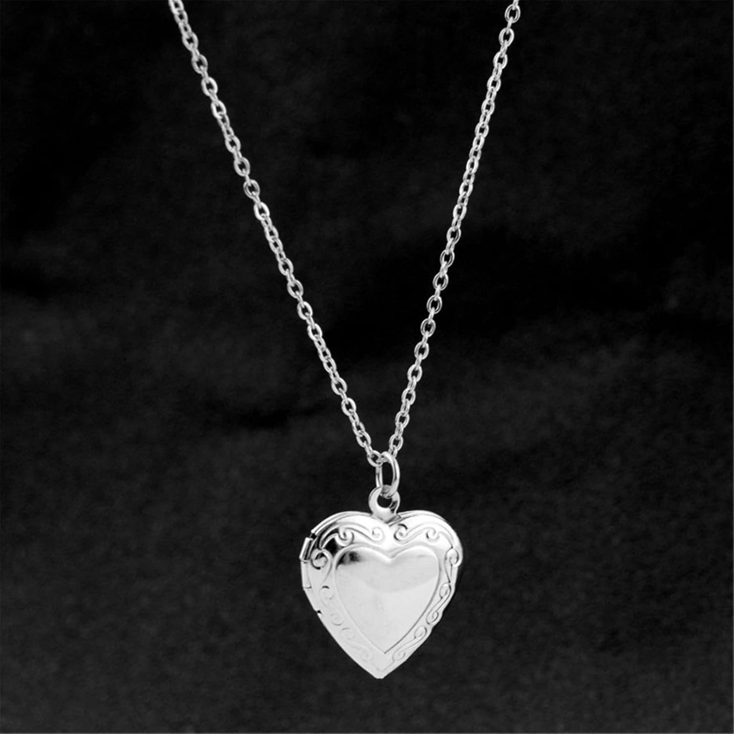 Caiyao Engraved Love Heart Holds Pictures Photo Locket Pendant Necklace14K Silver Plated Polished Peach Heart Necklace for Women Mens Mother Jewelry Gift
