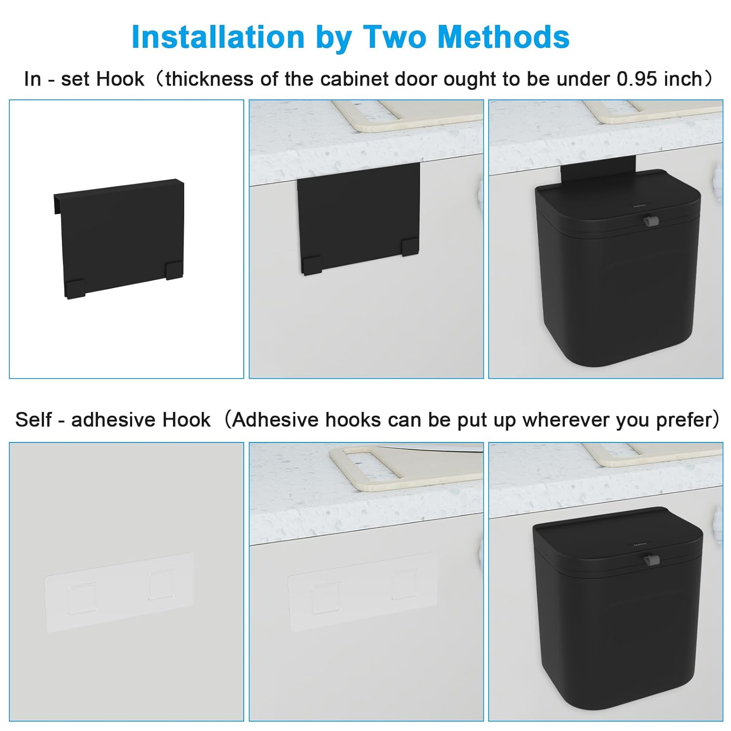 Naisu 3 Pack 1.12 Gallon Kitchen Garbage Bin for Counter Top or Under Sink, Stick on the Wall，Hanging Small Trash Can with lid for Cupboard/Bathroom/Bedroom/Office(Black)