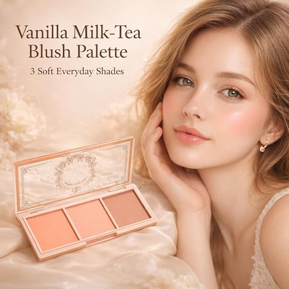 Three-Tone Matte Blusher Palette for Cheeks & Face - Soft Peach Rose Coral Powder, Buildable Long-Lasting Colour with Dual-Ended Brush, Natural Finish Makeup Kit for Everyday Wear