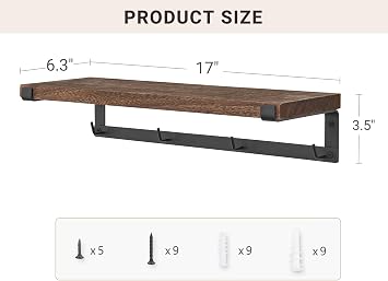 Dahey Mug Holder Wall Mounted Mug Rack with Hooks, Set of 2, Storage Rustic Floating Shelf Coffee Bar Accessories Wood Coffee Cup Hanger for Organizing Cooking Utensil Home Kitchen Decor, Brown