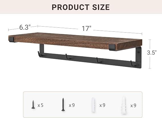 Dahey Mug Holder Wall Mounted Mug Rack with Hooks, Set of 2, Storage Rustic Floating Shelf Coffee Bar Accessories Wood Coffee Cup Hanger for Organizing Cooking Utensil Home Kitchen Decor, Brown