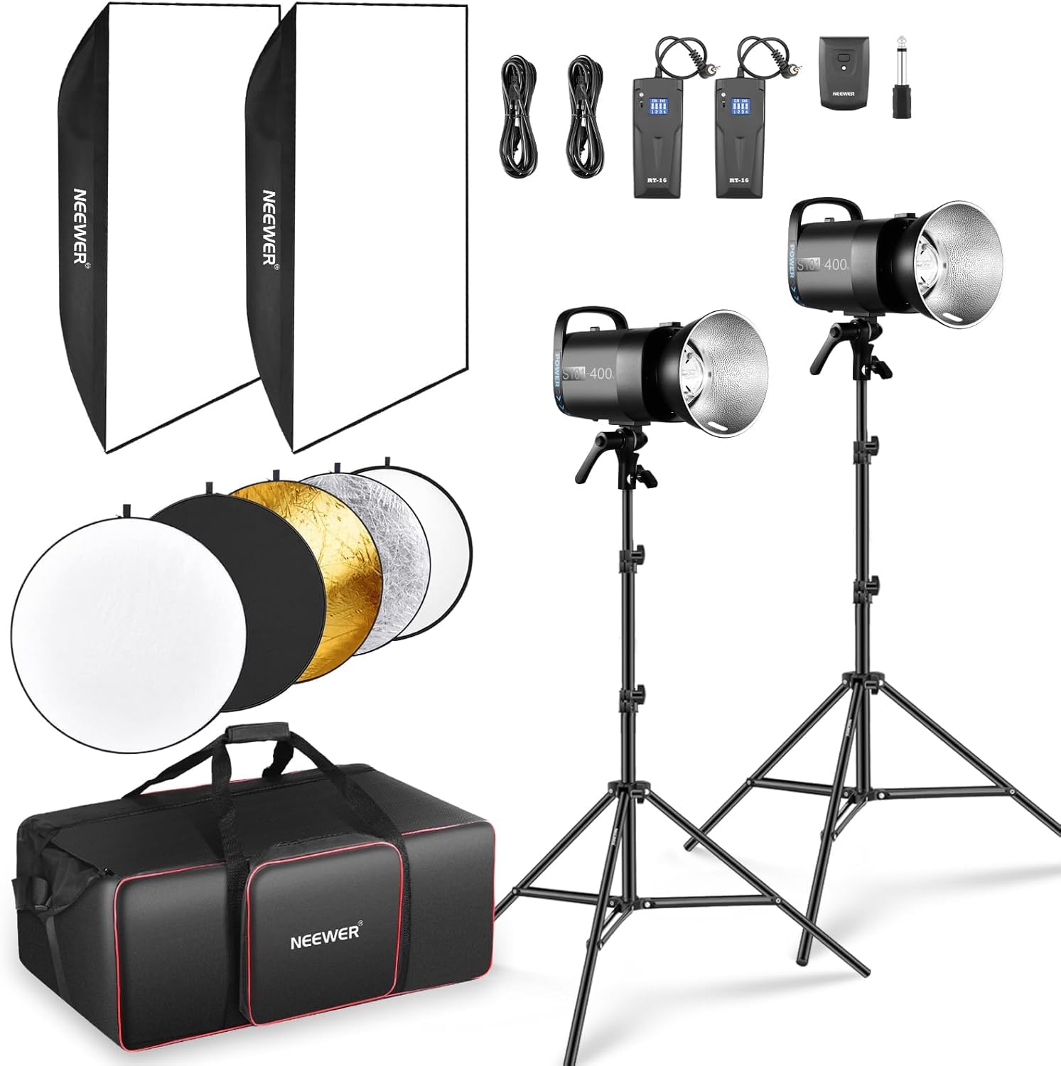 NEEWER 800 W Studio Monolight lampa błyskowa zestaw (2 szt.), S101-400 W 5600 K Studio Flash z lampą nastawczą 150 W/Bowens Mount/Softbox/stojak/reflektor/RT-16 wyzwalacz/torba do fotografii