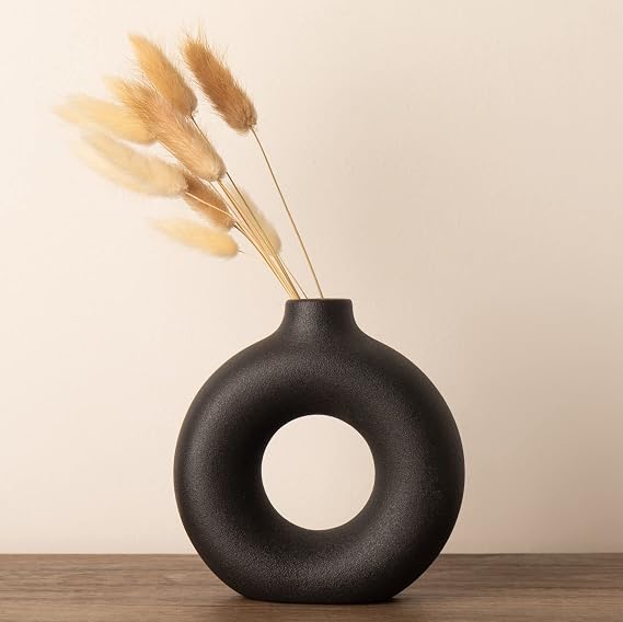 Small Black Vase, Cute Aesthetic Ceramic Vase For Modern Decor | Small Table Vases For Centrepiece, Black Bathroom Accessories, Ornaments Bedroom, Home Accessories, 6'' Tall