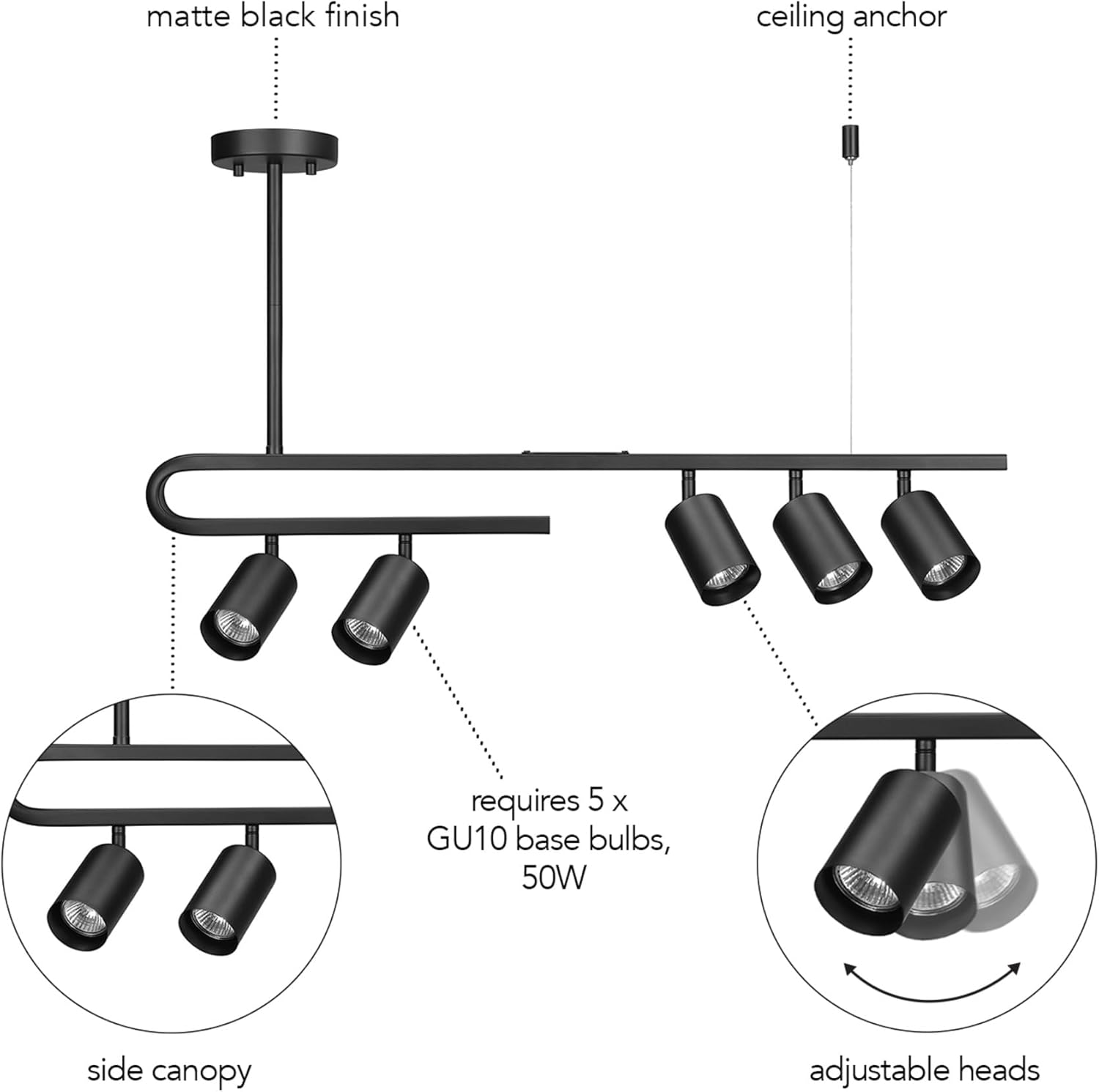 Globe Electric 64000121 32" 5-Light Track Lighting, Matte Black, Side Canopy, Lighting for Kitchen, Bathroom, Bedroom, or Dining Room, Living Room Ceiling Lights, Light Fixture, Kitchen Island Lights