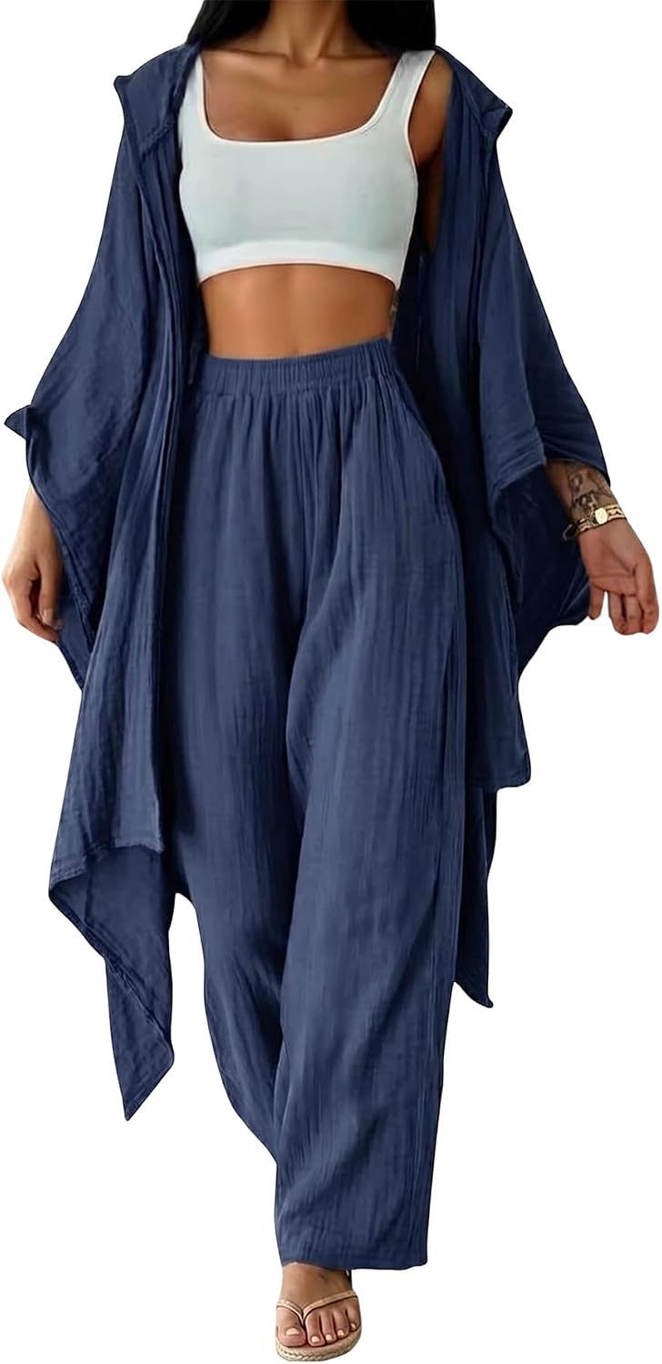 SOLY HUX Women's 2 Piece Outfit Hooded Kimono Flowy Cardigan High Waisted Pants Casual Suits