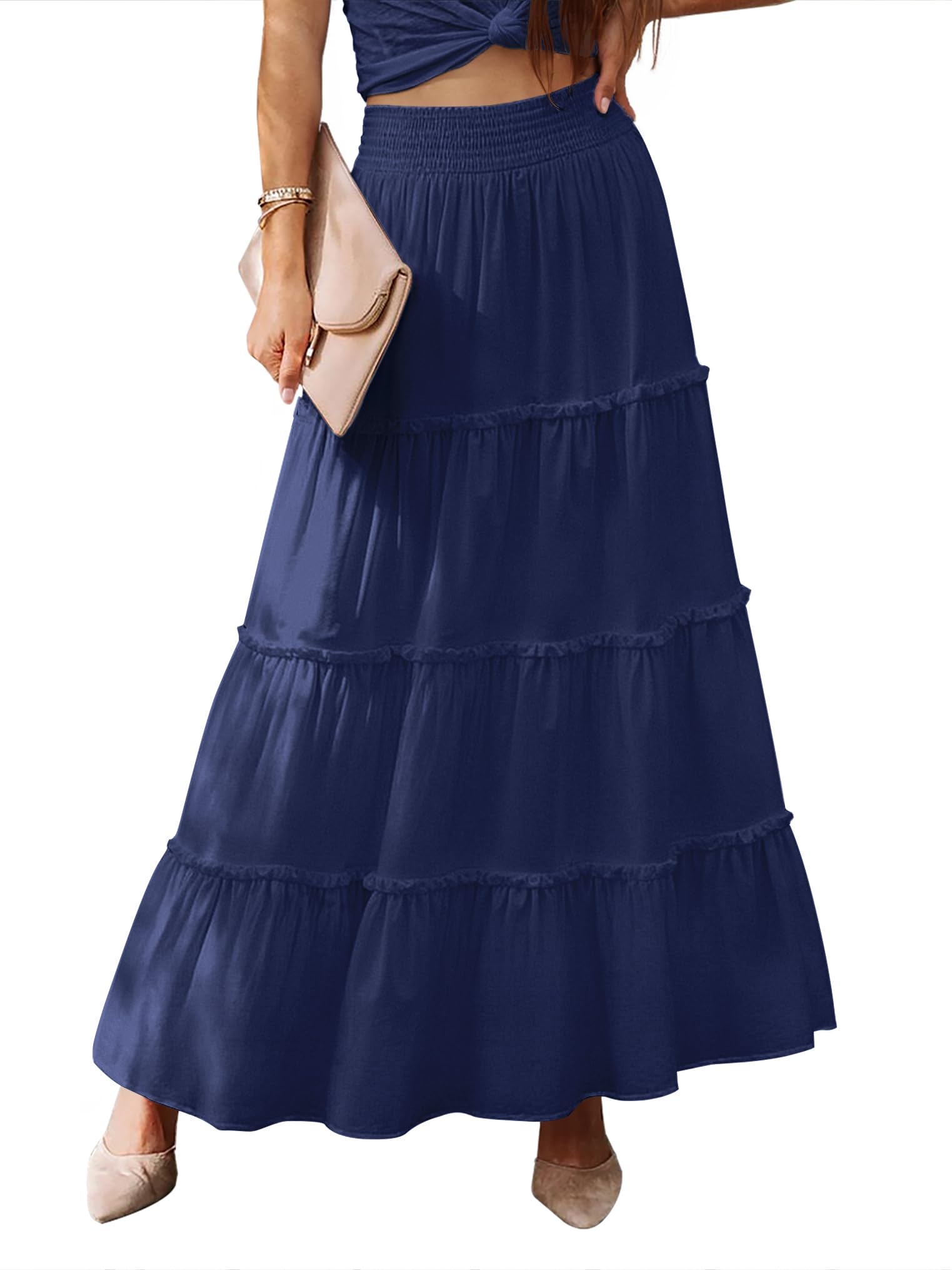 LUXVEER Women’s Summer Boho Maxi Skirts Smocked High Wasited Flowy Tiered Ruffle A Line Long Beach Skirt