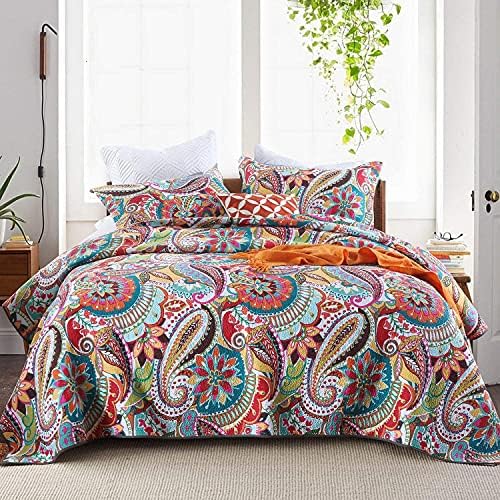 Qucover Multicolor Paisley Blossom King Size Bedspreads, 3 Pieces 100% Cotton Summer Quilt Sets, Gorgeous Bedspread and Comforter with 2 Pillowcases for All Seasons, 98x106 Inches