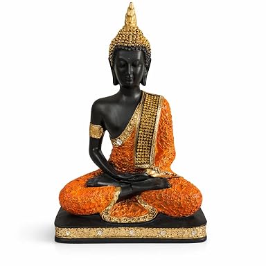 SPHINX 9 Inch Resin Meditating Buddha Statue | Handmade Decorative Idol for Home, Living Room, Office, Temple & Spiritual Decor | Black and orange gold Murti for Peace, Vastu & Gifting