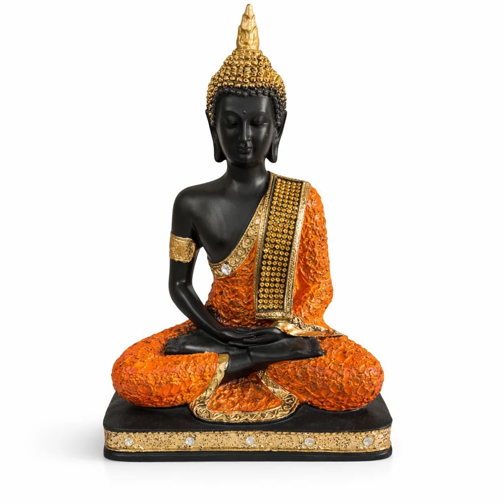 SPHINX 9 Inch Resin Meditating Buddha Statue | Handmade Decorative Idol for Home, Living Room, Office, Temple & Spiritual Decor | Black and orange gold Murti for Peace, Vastu & Gifting