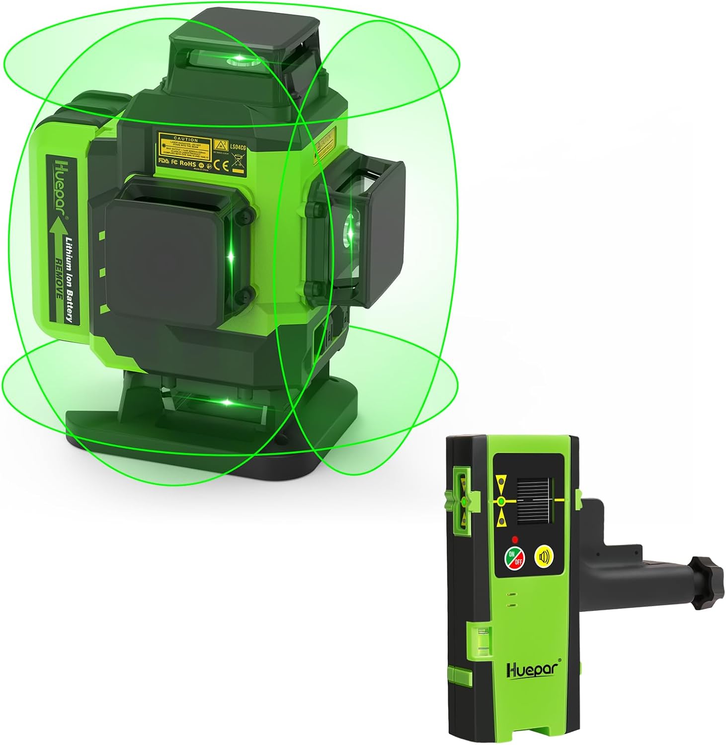 Huepar 4x360 Laser Level Self-leveling 16 Lines Green Beam 4D Cross Line Tiling Floor Tool with Laser Receiver-Horizontal & Vertical Laser Lines with Two Li-ion Batteries and Hard Case-LS04CG & LR-6RG