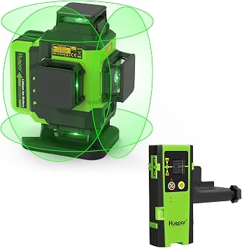 Huepar 4x360 Laser Level Self-leveling 16 Lines Green Beam 4D Cross Line Tiling Floor Tool with Laser Receiver-Horizontal & Vertical Laser Lines with Two Li-ion Batteries and Hard Case-LS04CG & LR-6RG