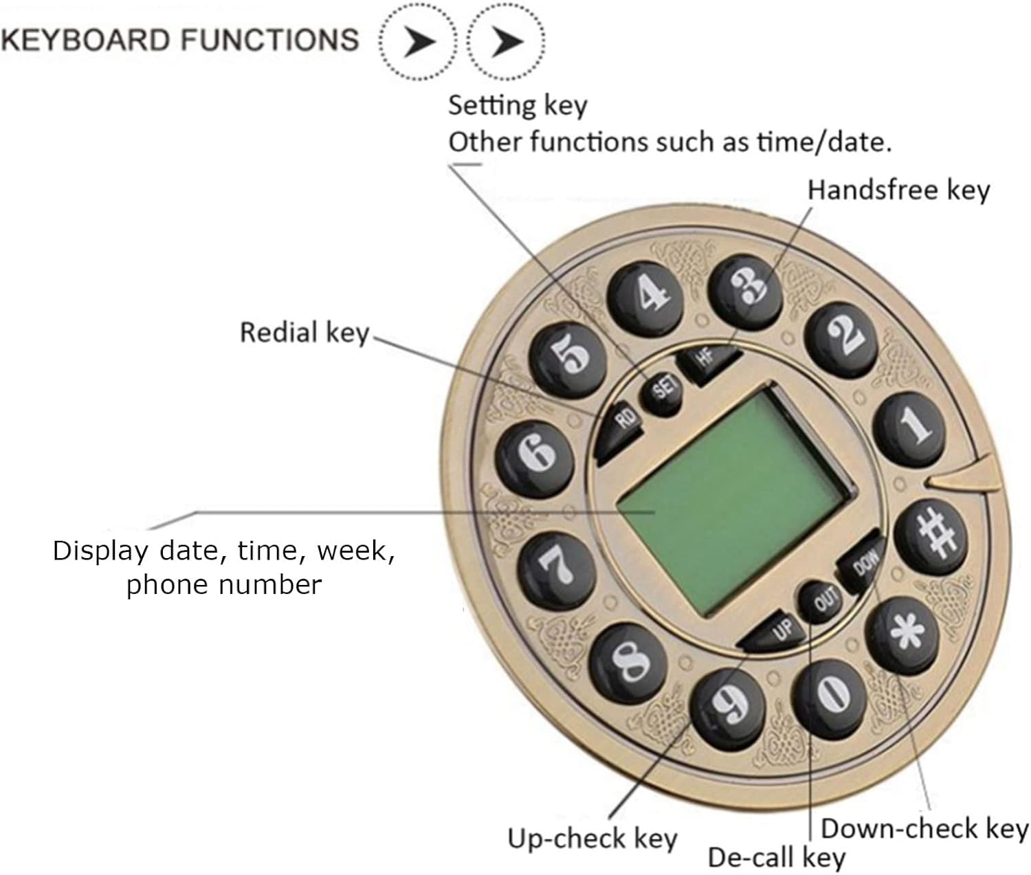 Vintage Retro Phone Functional Fixed Phone Rotating Dial Classic Bell with Wooden and Metal Body