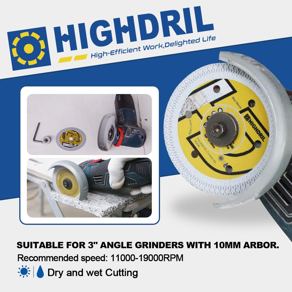 HIGHDRIL Diamond Tile Blade 3" 75mm x Arbor 3/8" 10mm - 4pcs X Mesh Angle Grinder Cutting Disc for Cutting Porcelain Tile Ceramic Marble Granite